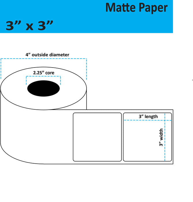 3" x 3" Matte Paper Inkjet Label - 350 per Roll - 8 Rolls per Case - 2.25" Core - 4" Outer Diameter - No Perfs.