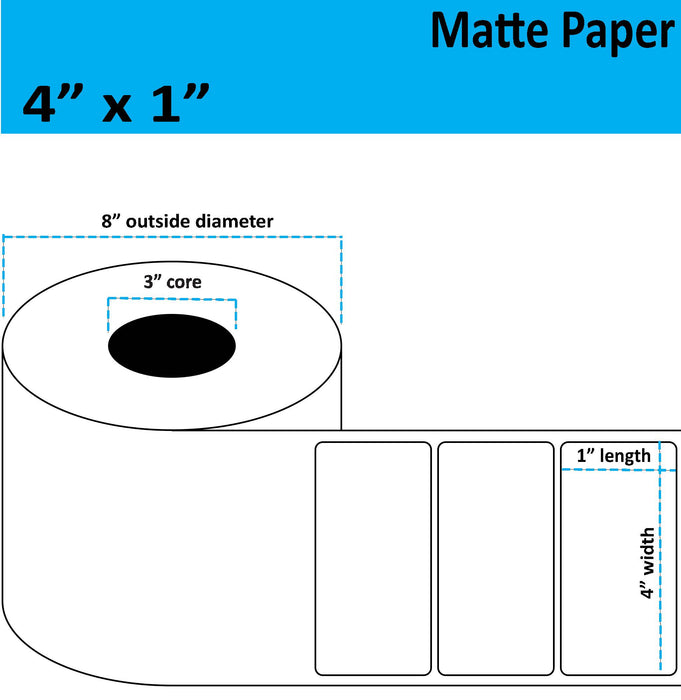 4" x 1" Matte Paper Inkjet Label - 5,250 per Roll - 2 Rolls per Case - 3" Core - 8" Outer Diameter - No Perfs.