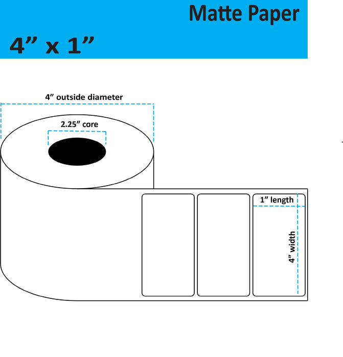 4" x 1" Matte Paper Inkjet Label - 900 per Roll - 8 Rolls per Case - 2.25" Core - 4" Outer Diameter - No Perfs.