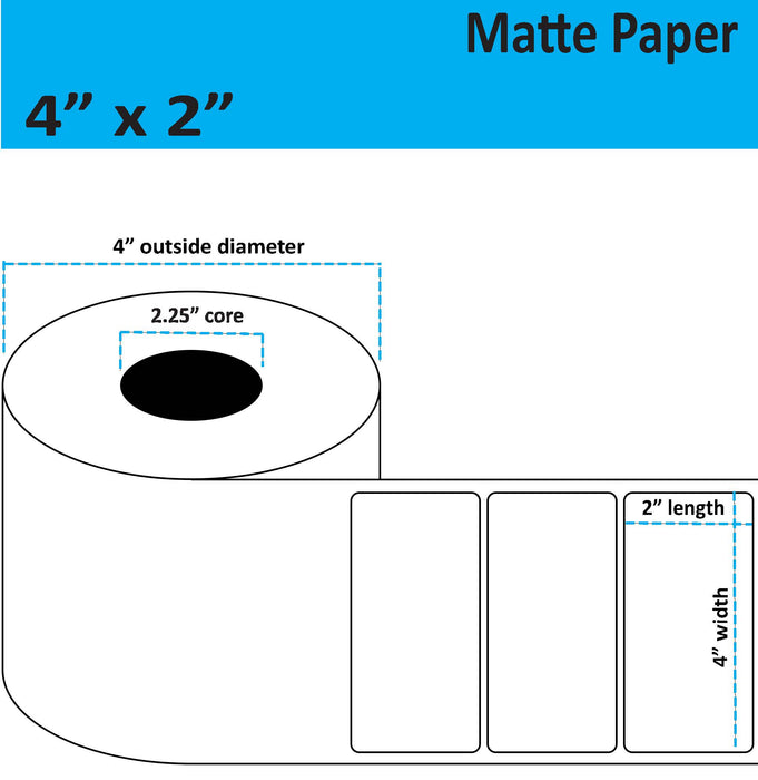 4" x 2" Matte Paper Inkjet Label - 450 per Roll - 8 Rolls per Case - 2.25" Core - 4" Outer Diameter - No Perfs.