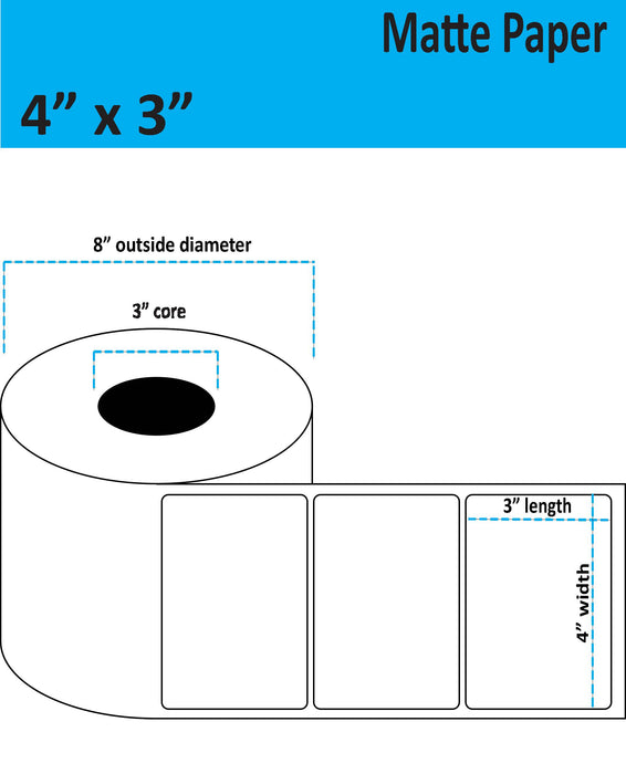 4" x 3" Matte Paper Inkjet Label - 1,750 per Roll - 2 Rolls per Case - 3" Core - 8" Outer Diameter - No Perfs.
