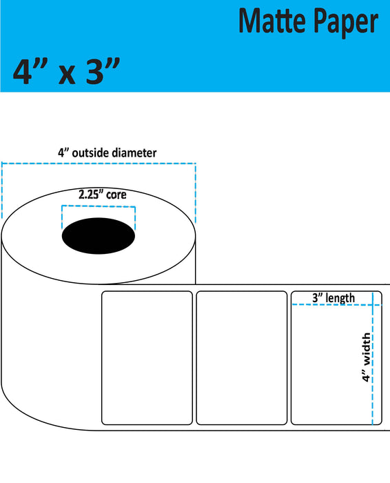4" x 3" Matte Paper Inkjet Label - 350 per Roll - 8 Rolls per Case - 2.25" Core - 4" Outer Diameter - No Perfs.