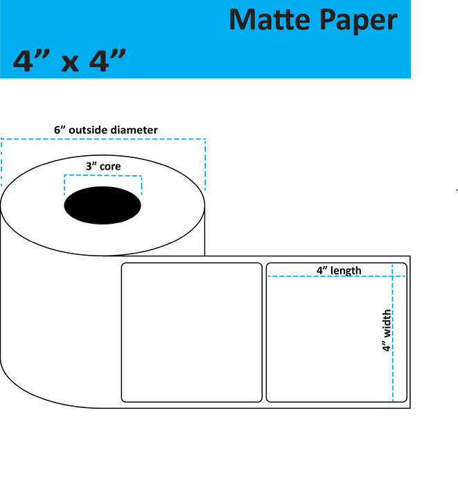 4" x 4" Matte Paper Inkjet Label - 625 per Roll - 4 Rolls per Case - 3" Core - 6" Outer Diameter - No Perfs.