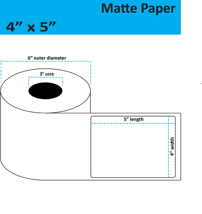 4" x 5" Matte Paper Inkjet Label - 500 per Roll - 4 Rolls per Case - 3" Core - 6" Outer Diameter - No Perfs.