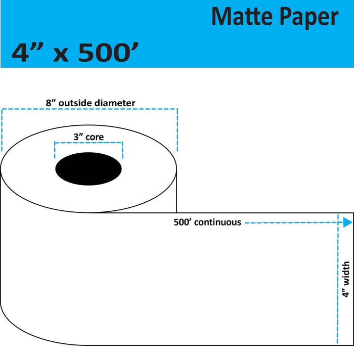 4" x 500' Continuous Matte Paper Inkjet Label - 2 Rolls per Case - 3" Core - 8" Outer Diameter - No Perfs.