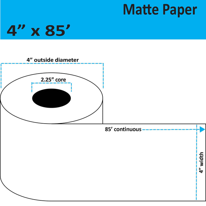 4" x 85' Continuous Matte Paper Inkjet Label - 12 Rolls per Case - 2.25" Core - 4" Outer Diameter - No Perfs.