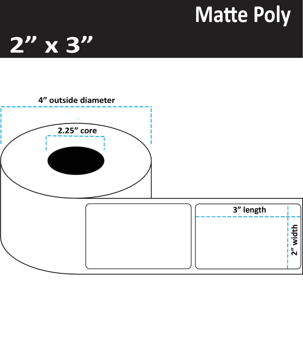 2" x 3" Matte Poly Inkjet Label - 350 per Roll - 8 Rolls per Case - 2.25" Core - 4" Outer Diameter - No Perfs.