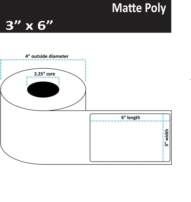 3" x 6" Matte Poly Inkjet Label - 150 per Roll - 8 Rolls per Case - 2.25" Core - 4" Outer Diameter - No Perfs.
