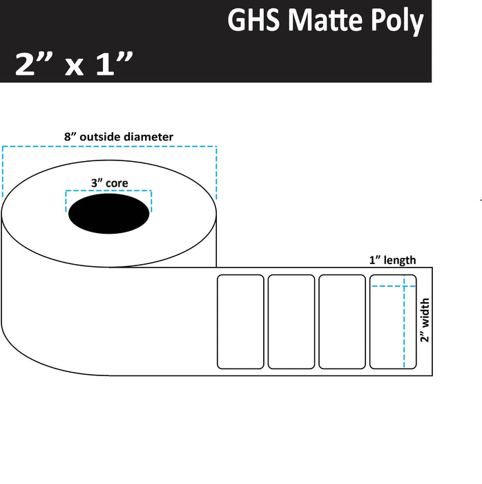 2" x 1" Matte Poly Inkjet Label - GHS / BS5609 Certified - 4,250 per Roll - 2 Rolls per Case - 3" Core - 8" Outer Diameter - No Perfs.
