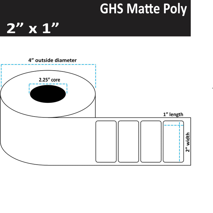 2" x 1" Matte Poly Inkjet Label - GHS / BS5609 Certified - 800 per Roll - 8 Rolls per Case - 2.25" Core - 4" Outer Diameter - No Perfs.