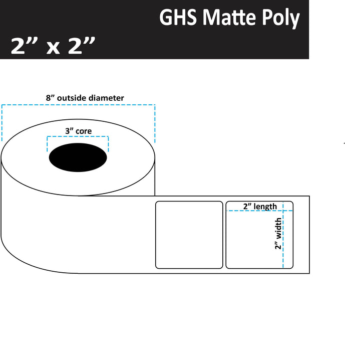 2" x 2" Matte Poly Inkjet Label - GHS / BS5609 Certified - 2,250 per Roll - 8 Rolls per Case - 3" Core - 8" Outer Diameter - No Perfs.