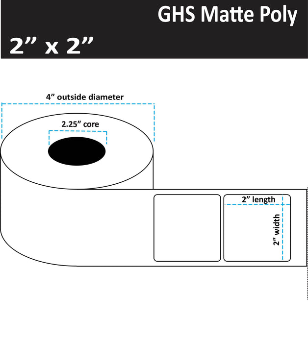 2" x 2" Matte Poly Inkjet Label - GHS / BS5609 Certified - 400 per Roll - 8 Rolls per Case - 2.25" Core - 4" Outer Diameter - No Perfs.