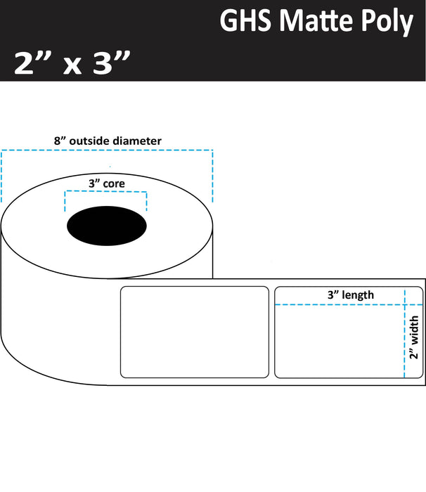 2" x 3" Matte Poly Inkjet Label - GHS / BS5609 Certified - 1,500 per Roll - 2 Rolls per Case - 3" Core - 8" Outer Diameter - No Perfs.