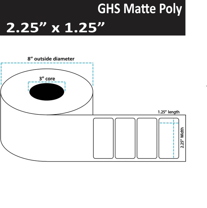 2.25" x 1.25" Matte Poly Inkjet Label - GHS / BS5609 Certified - 3,500 per Roll - 2 Rolls per Case - 3" Core - 8" Outer Diameter - No Perfs.