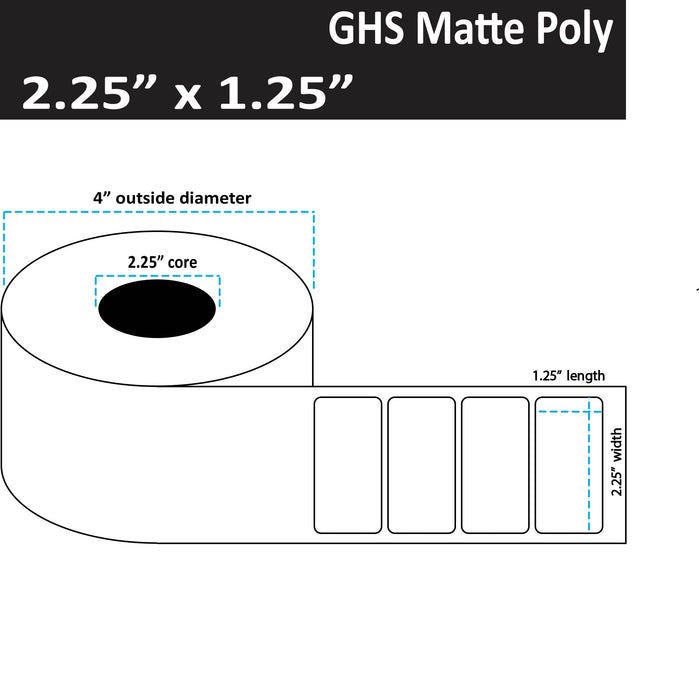 2.25" x 1.25" Matte Poly Inkjet Label - GHS / BS5609 Certified - 625 per Roll - 8 Rolls per Case - 2.25" Core - 4" Outer Diameter - - No Perfs.
