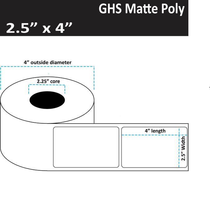 2.5" x 4" Matte Poly Inkjet Label - GHS / BS5609 Certified - 225 per Roll - 8 Rolls per Case - 2.25" Core - 4" Outer Diameter - No Perfs.
