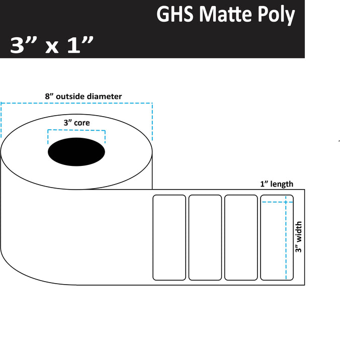 3" x 1" Matte Poly Inkjet Label - GHS / BS5609 Certified - 4,250 per Roll - 2 Rolls per Case - 3" Core - 8" Outer Diameter - No Perfs.