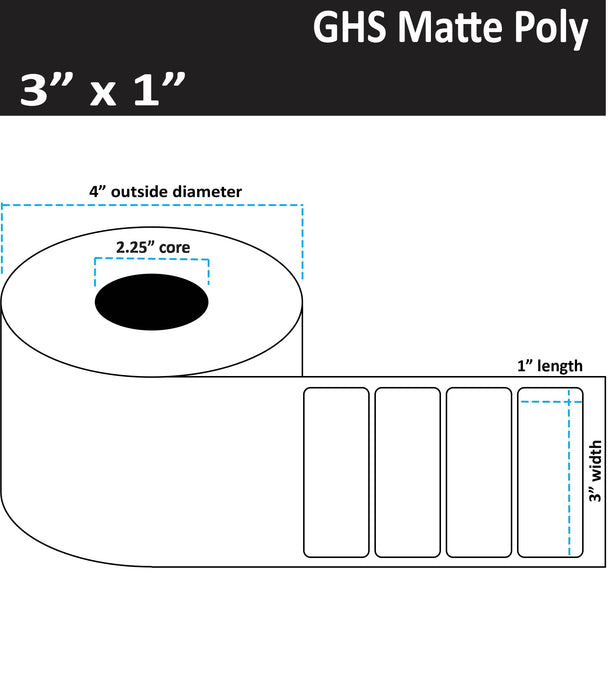 3" x 1" Matte Poly Inkjet Label - GHS / BS5609 Certified - 800 per Roll - 8 Rolls per Case - 2.25" Core - 4" Outer Diameter - No Perfs.
