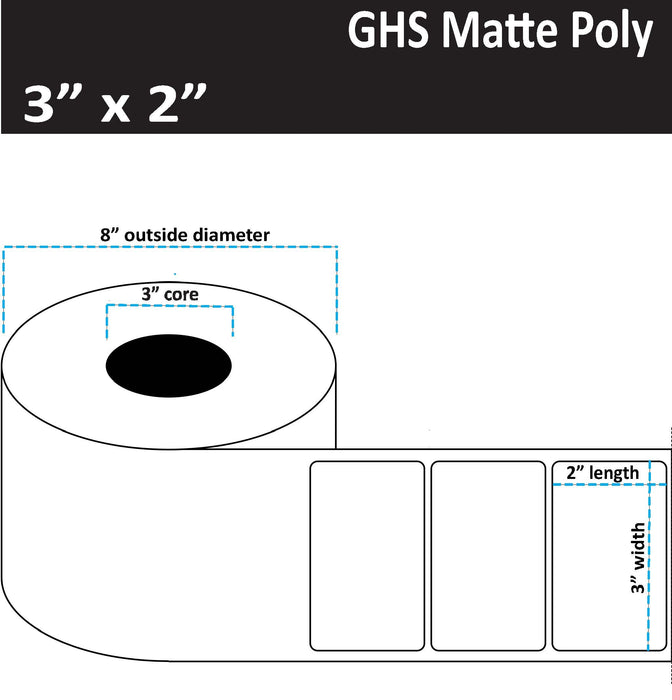 3" x 2" Matte Poly Inkjet Label - GHS / BS5609 Certified - 2,250 per Roll - 2 Roll per Case - 3" Core - 8" Outer Diameter - No Perfs.