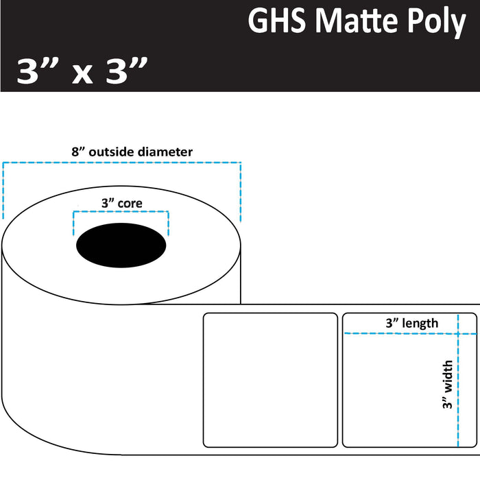 3" x 3" Matte Poly Inkjet Label - GHS / BS5609 Certified - 1,500 per Roll - 2 Rolls per Case - 3" Core - 8" Outer Diameter - No Perfs.