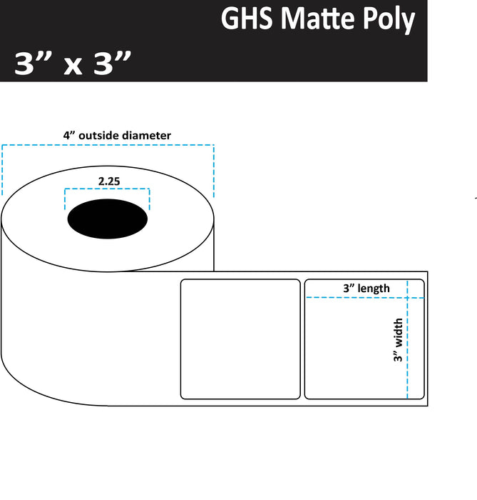3" x 3" Matte Poly Inkjet Label - GHS / BS5609 Certified - 300 per Roll - 8 Rolls per Case - 2.25" Core - 4" Outer Diameter - No Perfs.