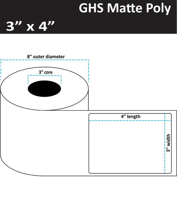 3" x 4" Matte Poly Inkjet Label - GHS / BS5609 Certified - 1,000 per Roll - 2 Rolls per Case - 3" Core - 8" Outer Diameter - No Perfs.