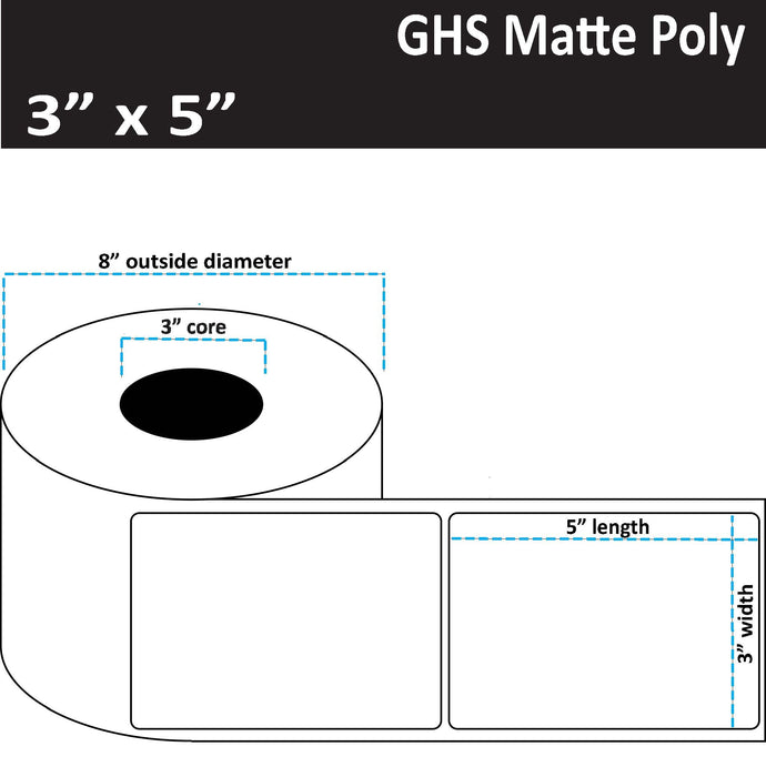 3" x 5" Matte Poly Inkjet Label - GHS / BS5609 Certified - 900 per Roll - 2 Rolls per Case - 3" Core - 8" Outer Diameter - No Perfs.