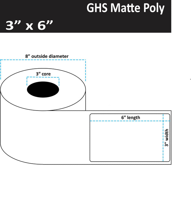 3" x 6" Matte Poly Inkjet Label - GHS / BS5609 Certified - 750 per Roll - 2 Rolls per Case - 3" Core - 8" Outer Diameter - No Perfs.