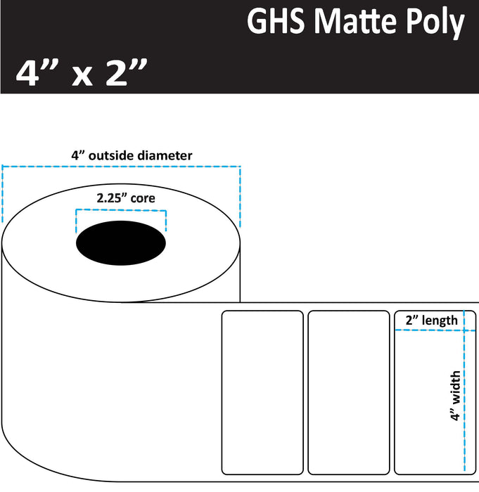 4" x 2" Matte Poly Inkjet Label - GHS / BS5609 Certified - 400 per Roll - 8 Rolls per Case - 2.25" Core - 4" Outer Diameter - No Perfs.