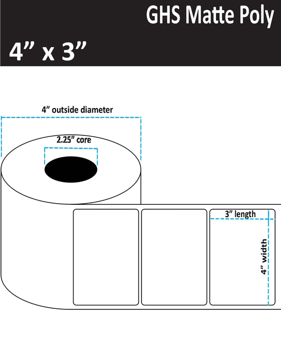 4" x 3" Matte Poly Inkjet Label - GHS / BS5609 Certified - 300 per Roll - 8 Rolls per Case - 2.25" Core - 4" Outer Diameter - No Perfs.