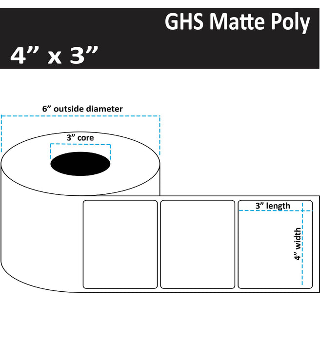 4" x 3" Matte Poly Inkjet Label - GHS / BS5609 Certified - 750 per Roll - 4 Rolls per Case - 3" Core - 6" Outer Diameter - No Perfs.