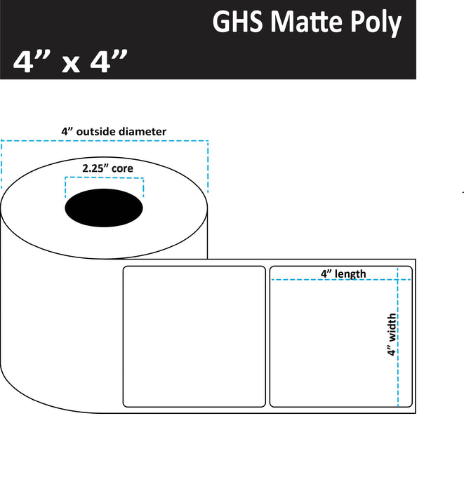4" x 4" Matte Poly Inkjet Label - GHS / BS5609 Certified - 225 per Roll - 8 Rolls per Case - 2.25" Core - 4" Outer Diameter - No Perfs.