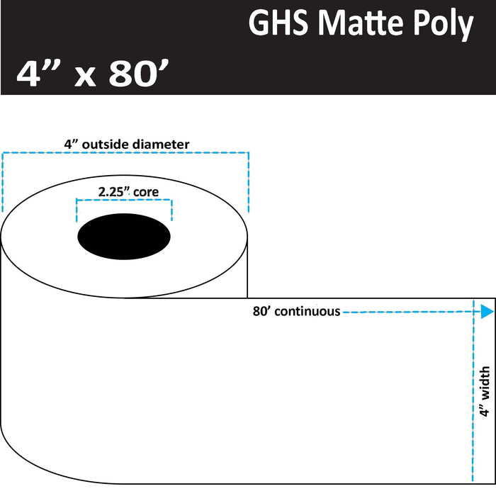 4" x 80' Continuous Matte Poly Inkjet Label - GHS / BS5609 Certified - 12 Rolls per Case - 2.25" Core - 4" Outer Diameter - No Perfs.
