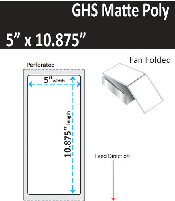 5" x 10.875" Matte Poly Inkjet Label - GHS / BS5609 Certified - 1,000 per Case - 1 Stack - Fan Folded - Perfed.