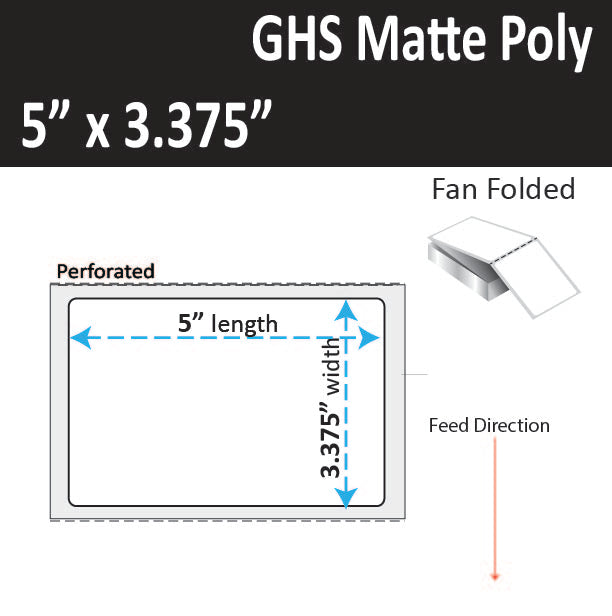 5" x 3.375" Matte Poly Inkjet Label - GHS / BS5609 Certified - 4,000 per Case - 1 Stack - Fan Folded every 4 labels - Perfed.