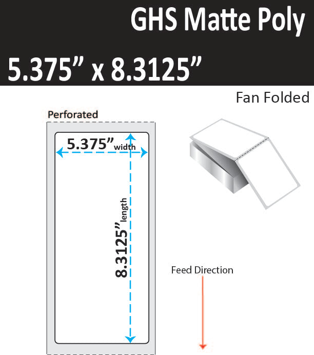 5.375" x 8.3125" Matte Poly Inkjet Label - GHS / BS5609 Certified - 1,000 per Case - 1 Stack - Fan Folded - Perfed.