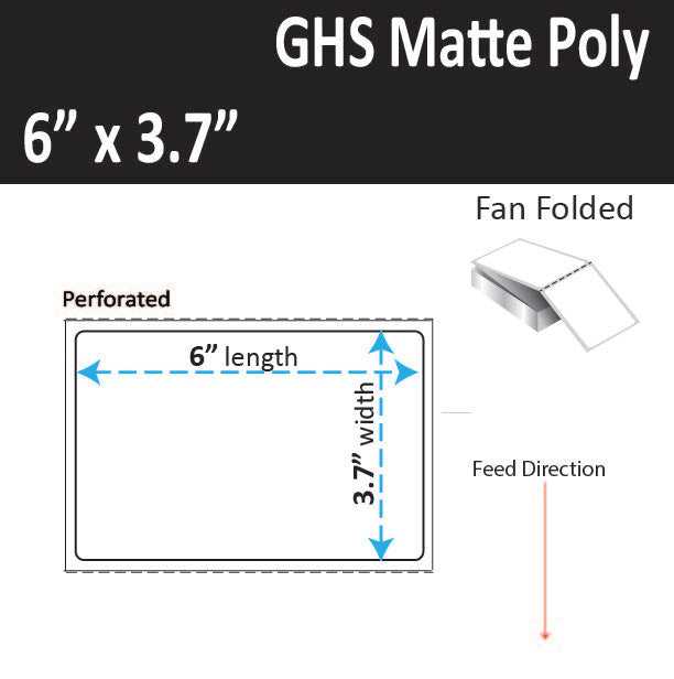 6" x 3.7" Matte Poly Inkjet Label - GHS / BS5609 Certified - 3,000 per Case - 1 Stack - Fan Folded and Not Pin Fed - Perfed.