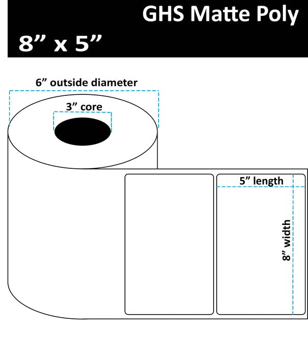 8" x 5" Matte Poly Inkjet Label - GHS / BS5609 Certified - 300 per Roll - 2 Rolls per Case - 3" Core - 6" Outer Diameter - No Perfs.