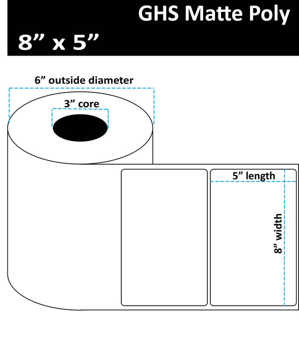 8" x 5" Matte Poly Inkjet Label - GHS / BS5609 Certified - 300 per Roll - 2 Rolls per Case - 3" Core - 6" Outer Diameter - No Perfs.